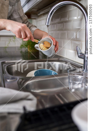 Zero waste concept. Eco-friendly kitchen wooden brush. Woman washing dishes with bamboo brush. Waste-free, eco-friendly concept 137500093