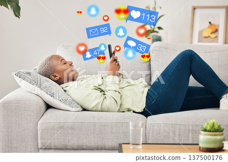 Happy woman on sofa with phone, connection and emoji on social media, chat or notification online. Networking, smile and post, girl on couch with digital app on smartphone and funny viral meme icon. Happy woman on sofa with phone, connection and emoji on social media, chat or notification online. Networking, smile and post, girl on couch with digital app on smartphone and funny viral meme icon. 137500176