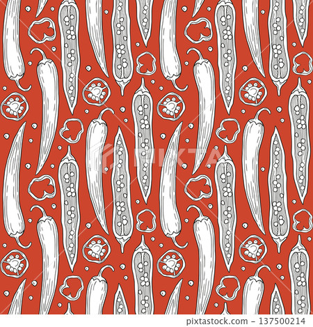 Hand-drawn seamless pattern of sliced chili pepper and chili seeds and slices for ingredients or product design on red background Hand-drawn seamless pattern of sliced chili pepper and chili seeds and slices for ingredients or product design on red background 137500214