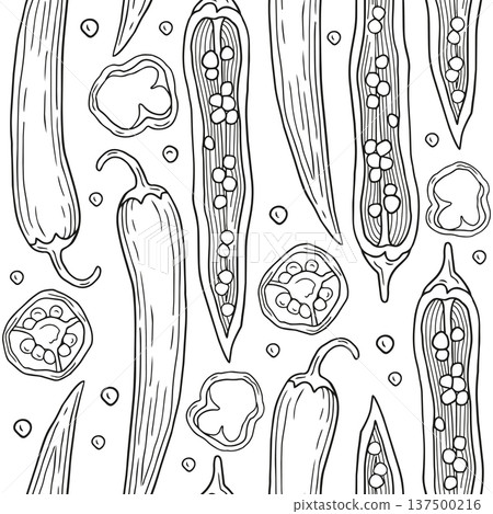 Hand-drawn seamless pattern of sliced chili pepper and chili seeds and slices graphic sketch for ingredients or product design Hand-drawn seamless pattern of sliced chili pepper and chili seeds and slices graphic sketch for ingredients or product design 137500216