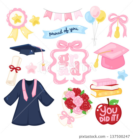 Cute school graduation gown and cap decoration clipart set Cute school graduation gown and cap decoration clipart set 137500247