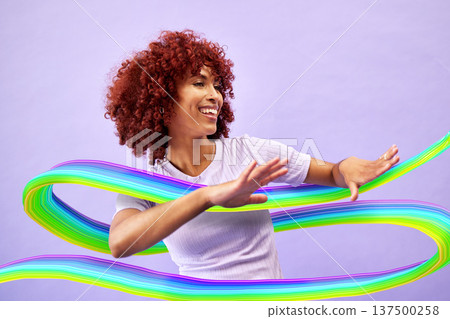 Woman, color or hologram with dancing, motion or celebration on a purple studio background. Person, model or girl with energy, holographic or move with achievement, motivation or wave with creativity Woman, color or hologram with dancing, motion or celebration on a purple studio background. Person, model or girl with energy, holographic or move with achievement, motivation or wave with creativity 137500258