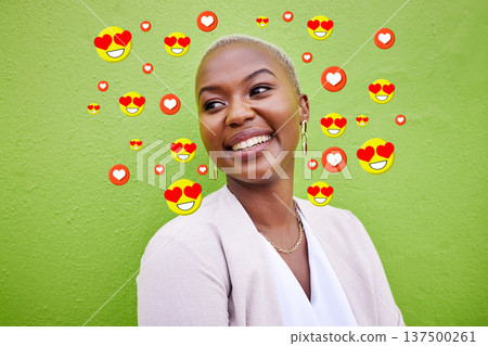 Social media, heart and love icon of a woman or influencer for emoji app or online dating. Face of African person thinking of chat, reaction or communication notification overlay on green background Social media, heart and love icon of a woman or influencer for emoji app or online dating. Face of African person thinking of chat, reaction or communication notification overlay on green background 137500261
