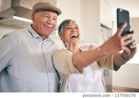 Selfie, happy and old couple in retirement, love and bonding at home with social media post and memory. Life partner, marriage and pension, people smile in picture and photography with commitment 137500270