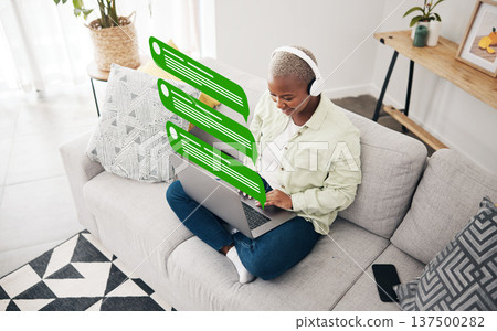 Laptop, notification icon or woman typing for communication, social media or online chat. Headphones, email overlay or person streaming on a music app to scroll on website or digital network at home 137500282