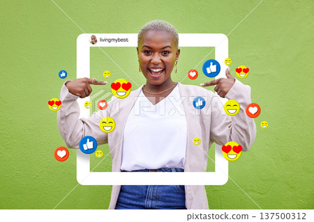 Social media, icon and influencer woman content, profile or frame for love emoji, fan page or app. Portrait of excited African person for online post, like notification or overlay on green background Social media, icon and influencer woman content, profile or frame for love emoji, fan page or app. Portrait of excited African person for online post, like notification or overlay on green background 137500312