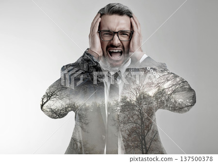 Business man, nature double exposure and stress with scream, worry and anxiety for deforestation in studio. Entrepreneur, fear and scared of climate change with forest, trees or sustainability at job 137500378