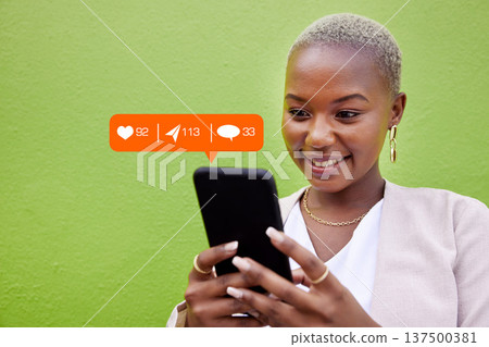 Woman, phone and texting with notification icon, typing or reading with web chat, blog and green background. African girl, contact and smartphone for communication, social network or overlay by wall Woman, phone and texting with notification icon, typing or reading with web chat, blog and green background. African girl, contact and smartphone for communication, social network or overlay by wall 137500381