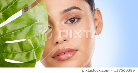 Woman with palm leaf, face and beauty, sustainable skincare and natural isolated on blue background. Wellness, skin glow and eco friendly cosmetics with mockup space, dermatology portrait in studio Woman with palm leaf, face and beauty, sustainable skincare and natural isolated on blue background. Wellness, skin glow and eco friendly cosmetics with mockup space, dermatology portrait in studio 137500399