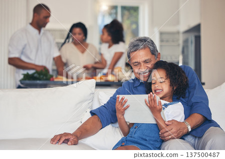 Family, grandfather and child on tablet for selfie, video streaming and e learning, online education or games on sofa. Senior man and happy kid on digital technology, profile picture and social media Family, grandfather and child on tablet for selfie, video streaming and e learning, online education or games on sofa. Senior man and happy kid on digital technology, profile picture and social media 137500487