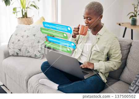 Coffee, message notification or black woman on laptop for communication, social media or online chat. Tea, email overlay or African person on app to scroll on website or digital network at home sofa Coffee, message notification or black woman on laptop for communication, social media or online chat. Tea, email overlay or African person on app to scroll on website or digital network at home sofa 137500502