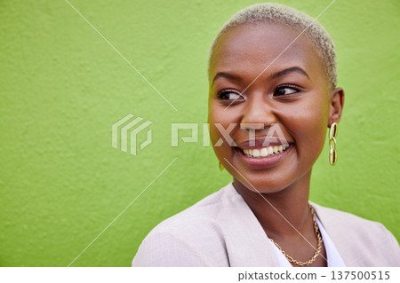 Smile, face and young black woman by a green wall with trendy, classy and elegant jewelry and outfit. Happy, excited and African female model with positive and confident attitude with fashion. Smile, face and young black woman by a green wall with trendy, classy and elegant jewelry and outfit. Happy, excited and African female model with positive and confident attitude with fashion. 137500515