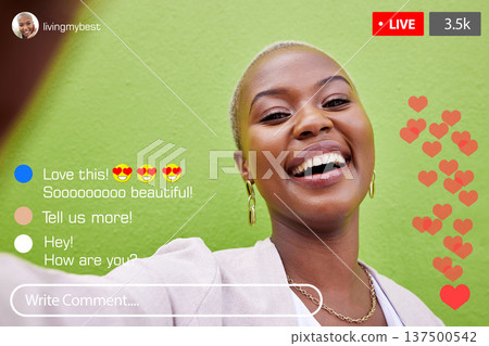 Influencer woman, live streaming and phone screen for smile, ui or portrait for reaction, comment section or app. Girl, social media and content creation for like, subscription or web chat with video Influencer woman, live streaming and phone screen for smile, ui or portrait for reaction, comment section or app. Girl, social media and content creation for like, subscription or web chat with video 137500542