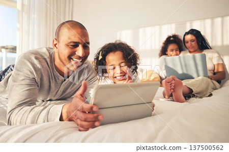 Relax, family and technology in the bedroom for movies, cartoon or education on the internet. Happy, together and parents with girl kids and a laptop and tablet for streaming a show, film or games Relax, family and technology in the bedroom for movies, cartoon or education on the internet. Happy, together and parents with girl kids and a laptop and tablet for streaming a show, film or games 137500562