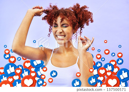 Woman, notification icon overlay and studio with excited smile, traffic or attention on web by purple background. Gen z influencer girl, like and heart emoji for blog, social media or happy with sign Woman, notification icon overlay and studio with excited smile, traffic or attention on web by purple background. Gen z influencer girl, like and heart emoji for blog, social media or happy with sign 137500571