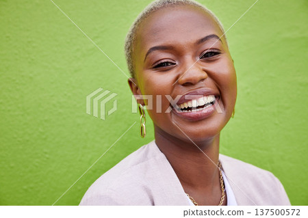 Portrait, fashion and funny black woman on green wall background mockup space. Face, smile and confident African person in style, formal clothes and happy to laugh at comedy joke in Nigeria outdoor Portrait, fashion and funny black woman on green wall background mockup space. Face, smile and confident African person in style, formal clothes and happy to laugh at comedy joke in Nigeria outdoor 137500572