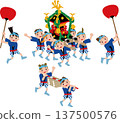 A traditional Japanese event. Illustration of children carrying a portable shrine and offering box. 137500576