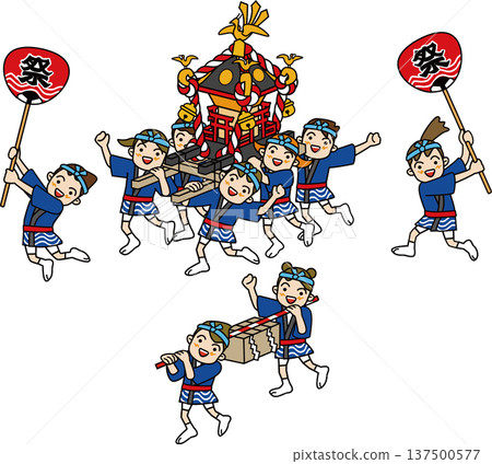 A traditional Japanese event. Illustration of children carrying a portable shrine and offering box. 137500577