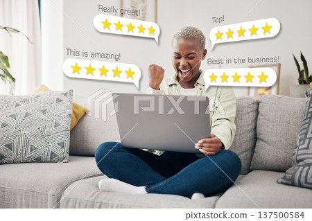 Laptop, excited and business owner reading review, email or feedback for financial bonus or 5 star rating. Overlay, success or happy woman in celebration of computer results or online sales at home Laptop, excited and business owner reading review, email or feedback for financial bonus or 5 star rating. Overlay, success or happy woman in celebration of computer results or online sales at home 137500584