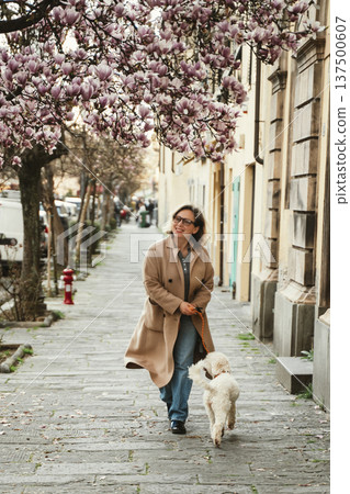 Woman Walking Dog Under Blooming Magnolia Tree 137500607