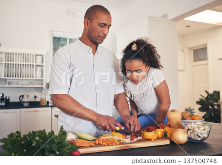 Father, teaching or child cooking healthy food in kitchen in preparation for a vegan diet for dinner together. Education, dad or kid learning vegetable salad recipe at home for lunch or development Father, teaching or child cooking healthy food in kitchen in preparation for a vegan diet for dinner together. Education, dad or kid learning vegetable salad recipe at home for lunch or development 137500748