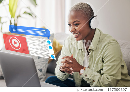 Home, movie review or black woman with laptop reading social media chat or online opinion in living room. Headphones, feedback overlay or happy person on film streaming website or digital network Home, movie review or black woman with laptop reading social media chat or online opinion in living room. Headphones, feedback overlay or happy person on film streaming website or digital network 137500897