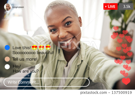 Selfie portrait, happy black woman and live streaming social media post, online opinion comment or filming vlog broadcast. Home smile, screen face or influencer record video, podcast or communication Selfie portrait, happy black woman and live streaming social media post, online opinion comment or filming vlog broadcast. Home smile, screen face or influencer record video, podcast or communication 137500919