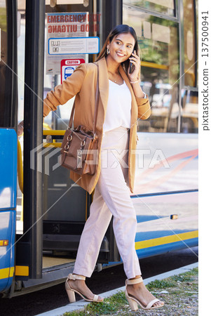 Travel, phone call and happy woman at the bus stop, public transport service and person chat on commute to work. Corporate, worker or talking on cellphone with connection or transportation on metro Travel, phone call and happy woman at the bus stop, public transport service and person chat on commute to work. Corporate, worker or talking on cellphone with connection or transportation on metro 137500941