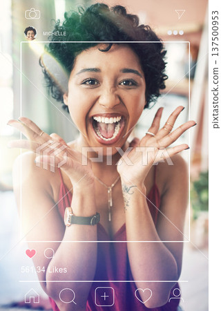 Excited, woman portrait and social media app overlay of influencer face and photography for website. Frame, internet and graphic with home page of profile and networking software with screen display 137500953