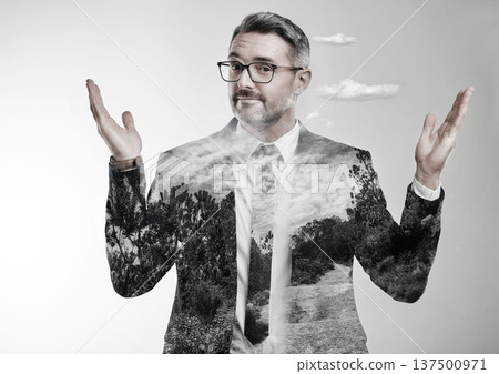 Double exposure businessman, portrait or confused with solution by white background for eco friendly company. Mature person, doubt or decision hands for green business questions, choice and why shrug 137500971