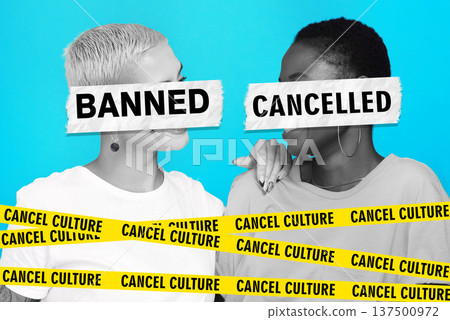 Social media, cancel culture and women online, internet or influencer friends on a studio blue background. Negative, bad and graphic words for banned or fail for public or political opinion or voice Social media, cancel culture and women online, internet or influencer friends on a studio blue background. Negative, bad and graphic words for banned or fail for public or political opinion or voice 137500972