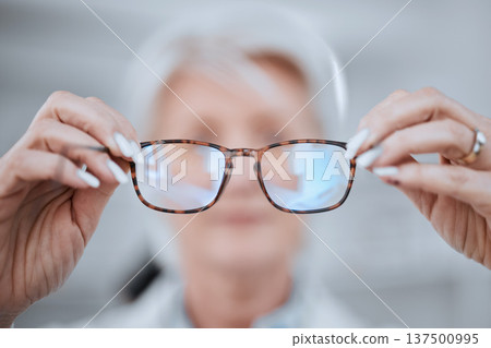 Optometry, consulting and pov with doctor and glasses for vision, eye care and assessment. Help, healthcare and wellness with closeup of person in clinic for shopping, insurance and ophthalmology 137500995