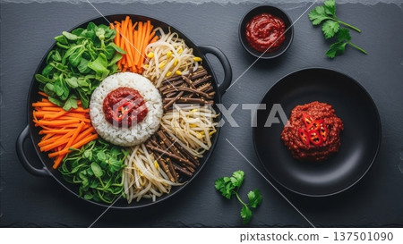 Korean bibimbap bowl with gochujang sauce, fresh vegetables, bean sprouts and rice on dark slate background 137501090
