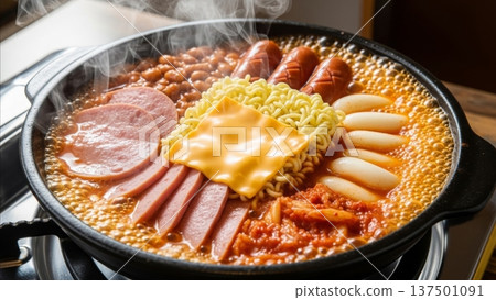 Korean budae jjigae army stew hot pot with spam sausage ramen noodles cheese rice cakes kimchi steaming in black pan 137501091