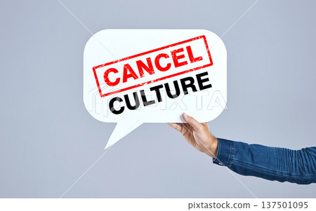 Hands of person, cancel culture and speech bubble for voice, support and opinion on grey background in studio. Poster, ban and social media influencer for freedom of vote, politics and propaganda Hands of person, cancel culture and speech bubble for voice, support and opinion on grey background in studio. Poster, ban and social media influencer for freedom of vote, politics and propaganda 137501095