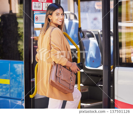 Happy, business woman and travel on bus, journey or public transport service and person commute with metro to work in cbd. Corporate, worker and transportation to office, workplace or job in city Happy, business woman and travel on bus, journey or public transport service and person commute with metro to work in cbd. Corporate, worker and transportation to office, workplace or job in city 137501126