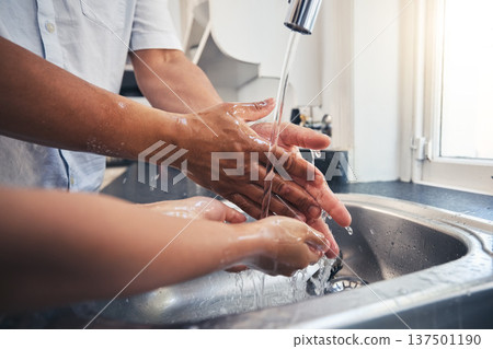 Clean, hands and people with water in home and learning about hygiene, wellness and washing with soap in kitchen. Hand, cleaning and care for health, safety and protection from bacteria or virus 137501190