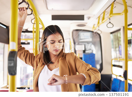 Woman on a bus, transport and check time on commute, travel to work or university with city and traffic. Transportation, vehicle and student late, journey and schedule with metro and public service Woman on a bus, transport and check time on commute, travel to work or university with city and traffic. Transportation, vehicle and student late, journey and schedule with metro and public service 137501191
