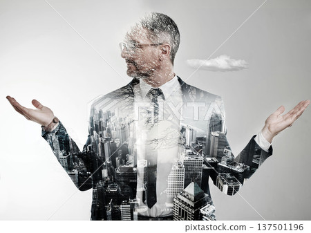 Businessman, thinking or choice in double exposure city by white background space for eco friendly building solution. Mature person, architecture or decision hands for green business questions or why 137501196