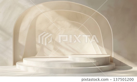 A minimalist architectural display features smooth, rounded shapes illuminated by soft daylight, casting gentle shadows. 137501200