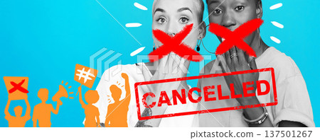 Cancel culture, social media and women on a blue background for silence, protest or society opinion. Banner, quiet and friends or people with politics movement, propaganda or online problem Cancel culture, social media and women on a blue background for silence, protest or society opinion. Banner, quiet and friends or people with politics movement, propaganda or online problem 137501267