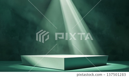 A bright spotlight shines down on an empty, rectangular pillar set against a dark background, casting a dramatic mood in the evening. A bright spotlight shines down on an empty, rectangular pillar set against a dark background, casting a dramatic mood in the evening. 137501283