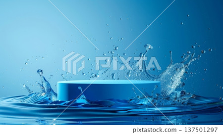 A blue cylindrical object creates a splash as it hits the water in a controlled studio environment. 137501297