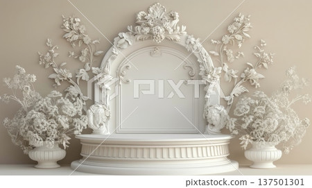 An exquisitely detailed white altar adorned with intricate floral decorations and two large bouquets placed symmetrically on each side. An exquisitely detailed white altar adorned with intricate floral decorations and two large bouquets placed symmetrically on each side. 137501301