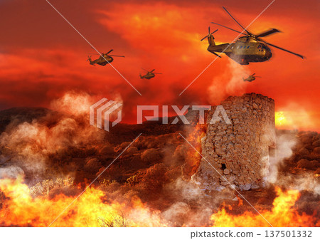 Combat, military and helicopter with fire in explosion for service, army duty and conflict in city. Mockup, apocalypse and airforce with bombs for armed forces, defense and warfare in battlefield Combat, military and helicopter with fire in explosion for service, army duty and conflict in city. Mockup, apocalypse and airforce with bombs for armed forces, defense and warfare in battlefield 137501332