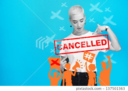 Cancel culture, angry mob and woman with overlay of banned graphic and crowd protesting. Fight, blue background and cancelled female person with controversy, toxic opinion and censorship letter 137501363
