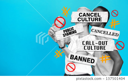 Social media, cancel culture and people online, internet or mobile app isolated in a studio blue background. Negative, bad and graphic words for banned or fail message for political opinion or voice Social media, cancel culture and people online, internet or mobile app isolated in a studio blue background. Negative, bad and graphic words for banned or fail message for political opinion or voice 137501404
