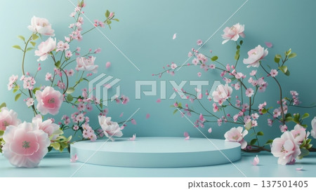 Beautiful pink cherry blossoms gracefully arranged around a round blue platform, creating a serene and elegant springtime atmosphere. 137501405