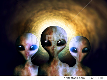 Alien, extraterrestrial or earth invasion from outer space, futuristic fantasy or scifi on a background. Portrait, creature or monster from a galaxy, universe or surreal cosmos at night in the dark 137501406