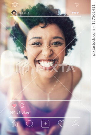 Photo post, woman portrait and social media app overlay of influencer face and photography for web. Frame, internet and graphic with home page of profile and networking software with screen display Photo post, woman portrait and social media app overlay of influencer face and photography for web. Frame, internet and graphic with home page of profile and networking software with screen display 137501411